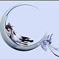 Man Sitting On Crescent Moon With Blue White Outfit And Butterfly Decorations