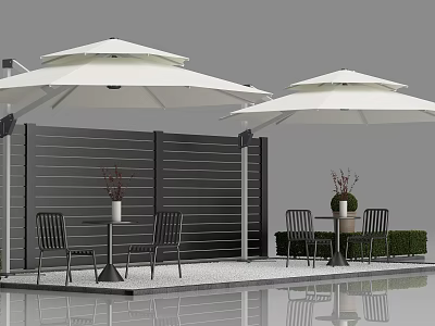 Hotel Public Lounge Area With White Umbrellas Gray Fencing Tables Chairs Green Plants And Vases 3d model