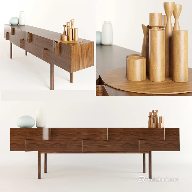 Modern Wooden TV Stand In Walnut Finish With Decorative Vases Candle Holders And Drawers 3d model 