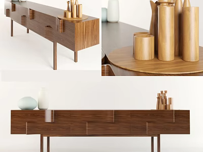 Modern Wooden TV Stand In Walnut Finish With Decorative Vases Candle Holders And Drawers 3d model