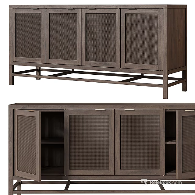 Wooden TV Stand With Rattan Mesh Doors And Open Storage Shelves Modern Design 3d model 