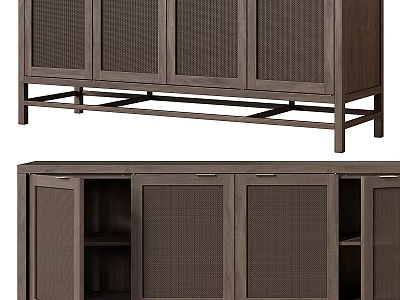 Wooden TV Stand With Rattan Mesh Doors And Open Storage Shelves Modern Design 3d model