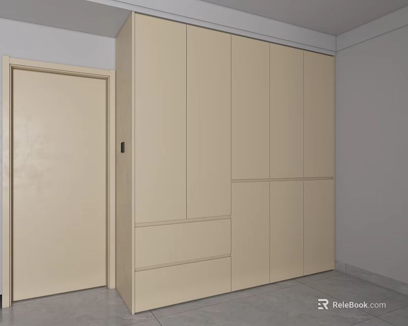 Modern Light Beige Wardrobe With Multiple Doors And Drawers In Room Interior 3d model