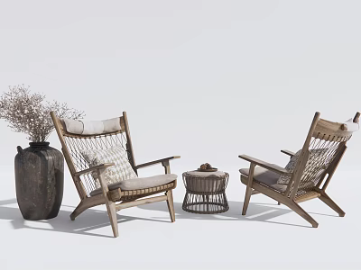 Natural Rustic Wooden Table And Chair Set With Woven Details And Dried Flower Vase 3d model
