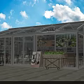 Glass House Structure With Blue Sky White Clouds Plant Shelf And Indoor Tables