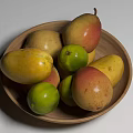 Fresh Mixed Fruits in Wooden Bowl Including Mangoes and Pears with Colorful Hues
