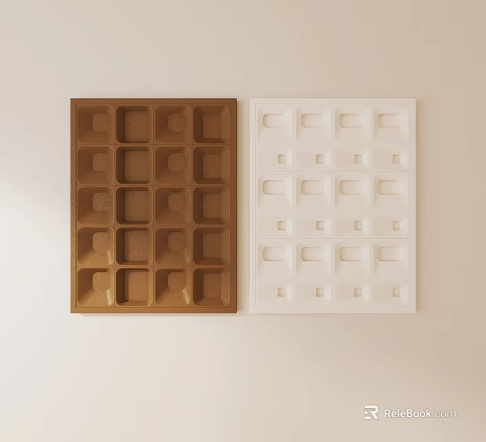 Brown And White Square Grid Wall Decor With Recessed Cube Patterns 3d model