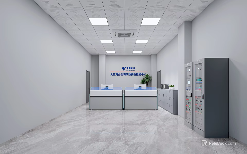 Professional Monitoring Room Interior With Control Workstation Display Screens And Equipment Cabinets 3d model 