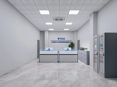 Professional Monitoring Room Interior With Control Workstation Display Screens And Equipment Cabinets 3d model