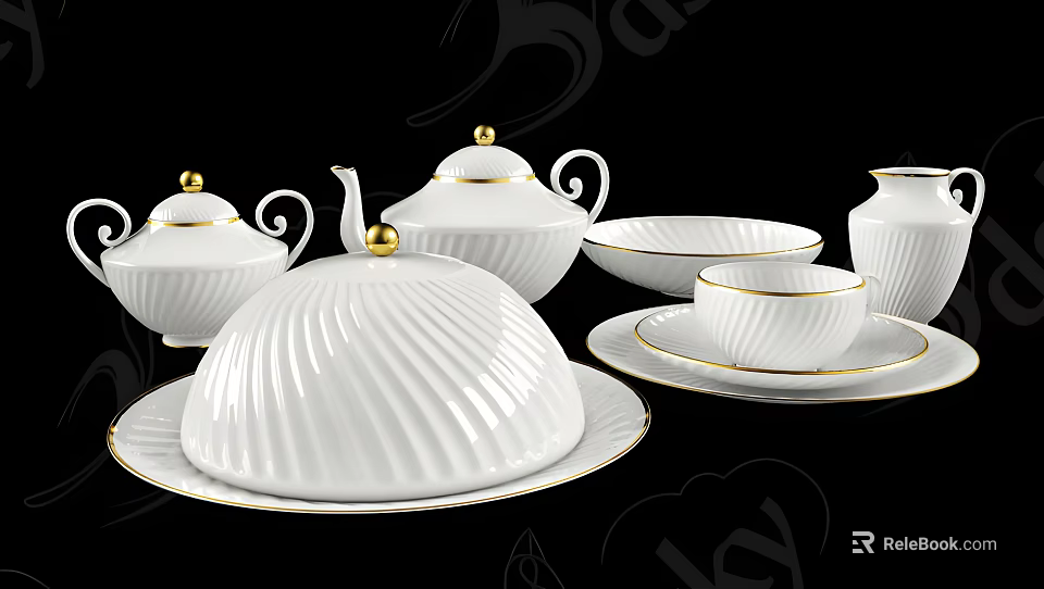 Elegant White Tea Set With Gold Trim Shell Pattern Teapot Cups And Saucers 3d model 