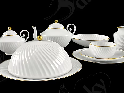 Elegant White Tea Set With Gold Trim Shell Pattern Teapot Cups And Saucers 3d model