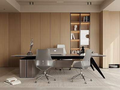 Modern Office Interior Featuring Wooden Walls Black Desk Gray Chairs And Lit Bookshelf With Books 3d model