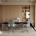 Modern Office Interior Featuring Wooden Walls Black Desk Gray Chairs And Lit Bookshelf With Books