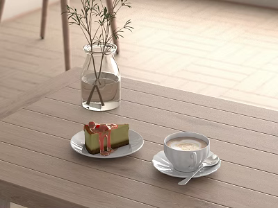 Wooden Table Displaying Cake Slice With Red Sauce and Coffee Cup With Glass Vase Plants 3d model