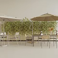 Stylish Outdoor Table Setup With Two Umbrellas Chairs And Bamboo Plants