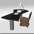 Modern Black Angular Desk With Table Lamp Keyboard Tablet And Curved Chair 3d model