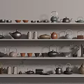 Stylish Ceramic Tea Sets Display With Teapots Teacups And Canisters On Wooden Shelves