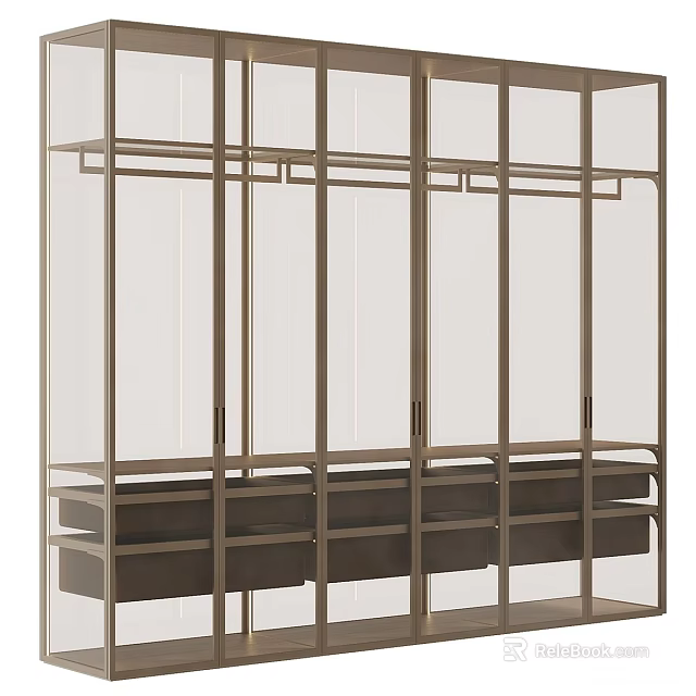 Elegant Modern Wardrobe With Metal Frame Glass Doors And Drawers Storage 3d model 