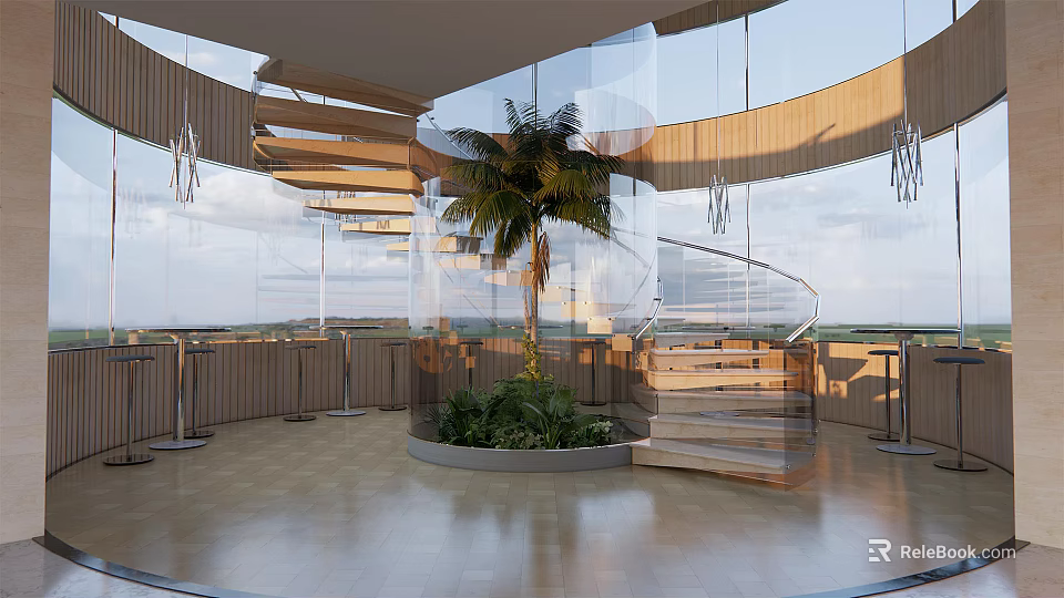 Spiral Staircase With Wooden Structure And Transparent Glass On Modern Terrace With Palm Tree 3d model 
