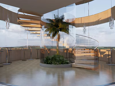 Spiral Staircase With Wooden Structure And Transparent Glass On Modern Terrace With Palm Tree 3d model