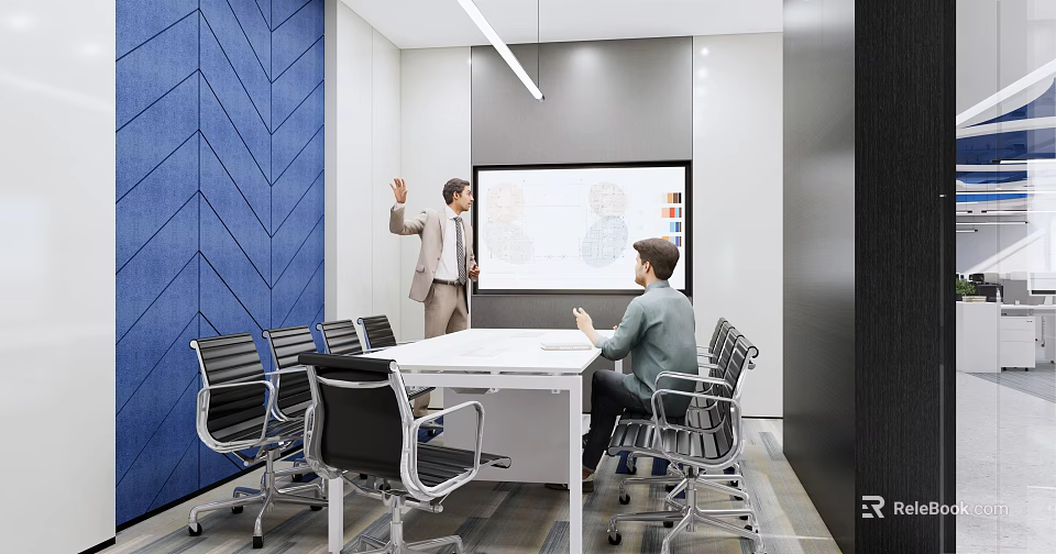 Modern Conference Room with Blue Herringbone Wall Projection Screen Standing Presenter and Seated Person 3d model 