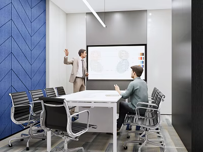 Modern Conference Room with Blue Herringbone Wall Projection Screen Standing Presenter and Seated Person 3d model
