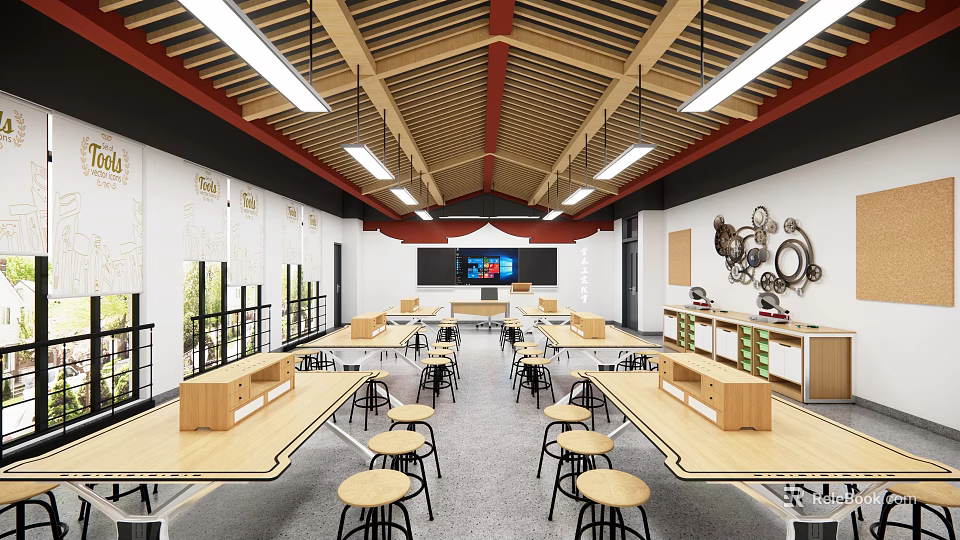 Modern School Classroom With Wooden Tables Stools Smart Blackboard And Pendant Lights 3d model 
