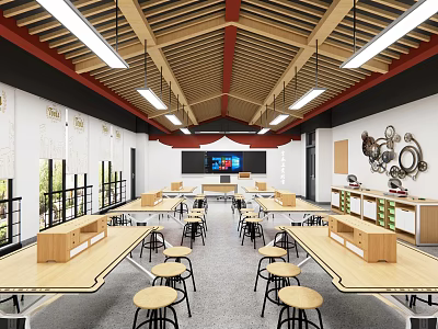 Modern School Classroom With Wooden Tables Stools Smart Blackboard And Pendant Lights 3d model