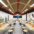 Modern School Classroom With Wooden Tables Stools Smart Blackboard And Pendant Lights