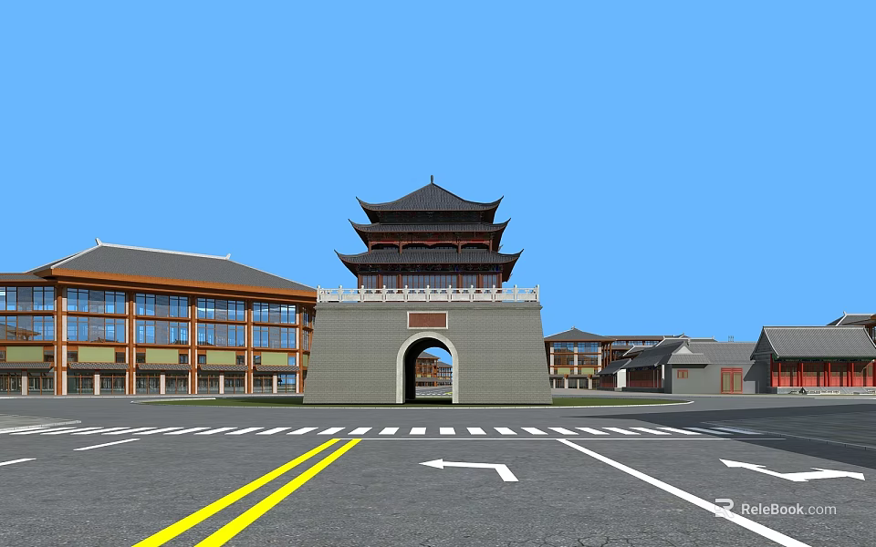 Traditional Ancient Architecture Tiered Tower With Archway Entrance And Surrounding Buildings Under Blue Sky 3d model 