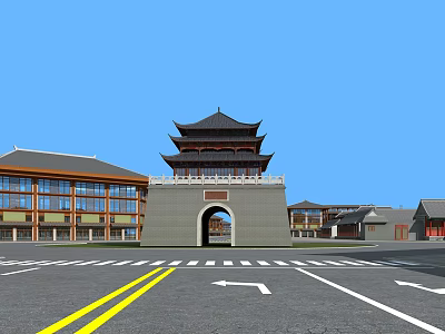 Traditional Ancient Architecture Tiered Tower With Archway Entrance And Surrounding Buildings Under Blue Sky 3d model