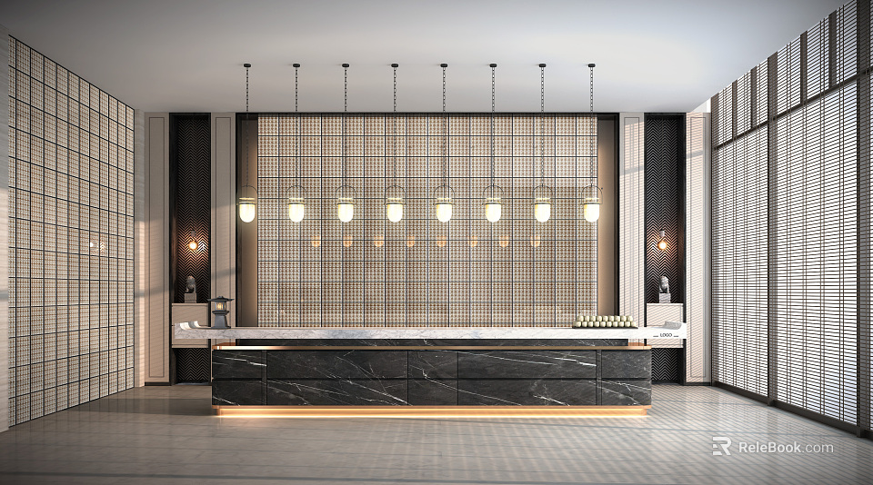 Modern Reception Desk With Black Marble Countertop Lattice Backdrop And Linear Pendant Lights 3d model 