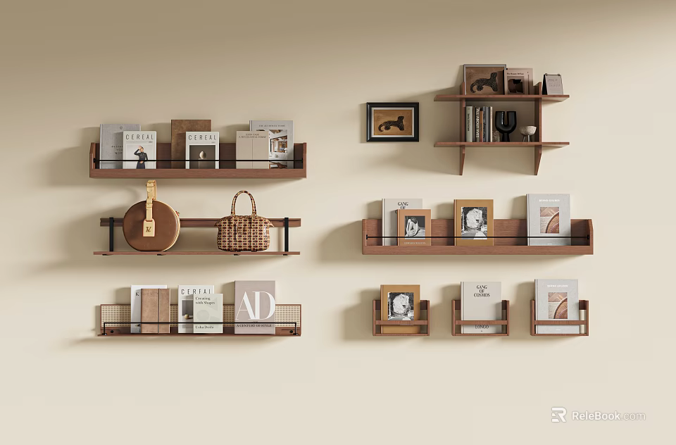 Wooden Floating Wall Shelves With Books Photo Frames And Decorative Baskets For Home 3d model 
