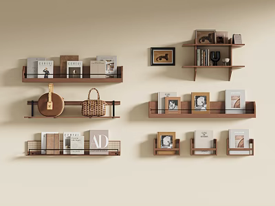 Wooden Floating Wall Shelves With Books Photo Frames And Decorative Baskets For Home 3d model