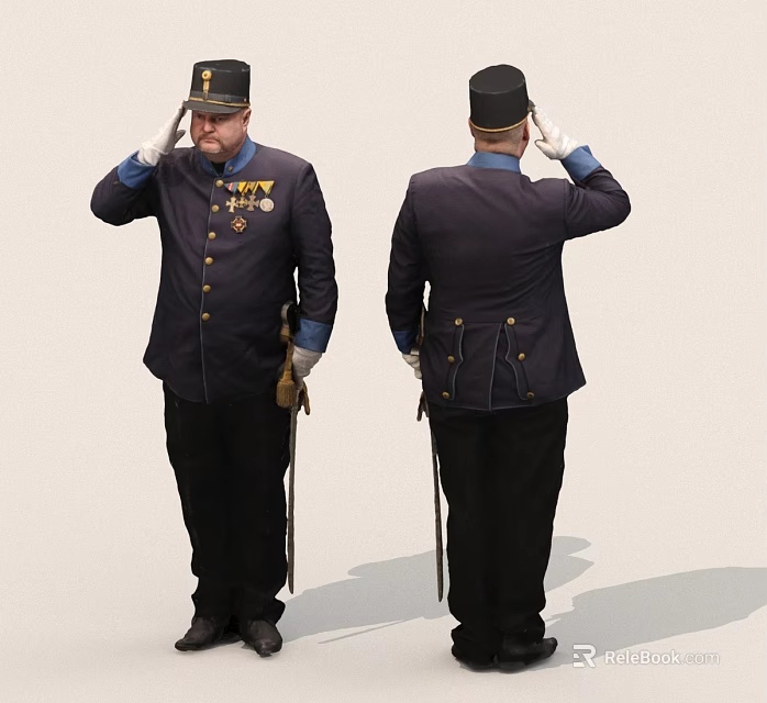 Military Uniform Figures Saluting Front And Back Views With Medals And Swords 3d model 