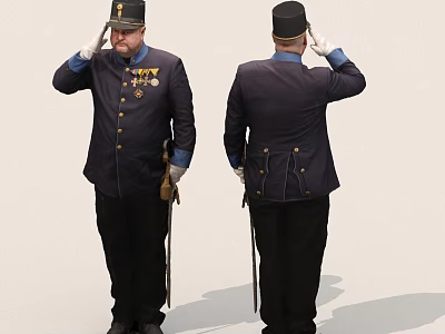 Military Uniform Figures Saluting Front And Back Views With Medals And Swords 3d model