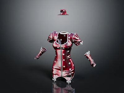 Red and White Short Sleeved Buttoned Dress with Matching Gloves and Hat 3d model
