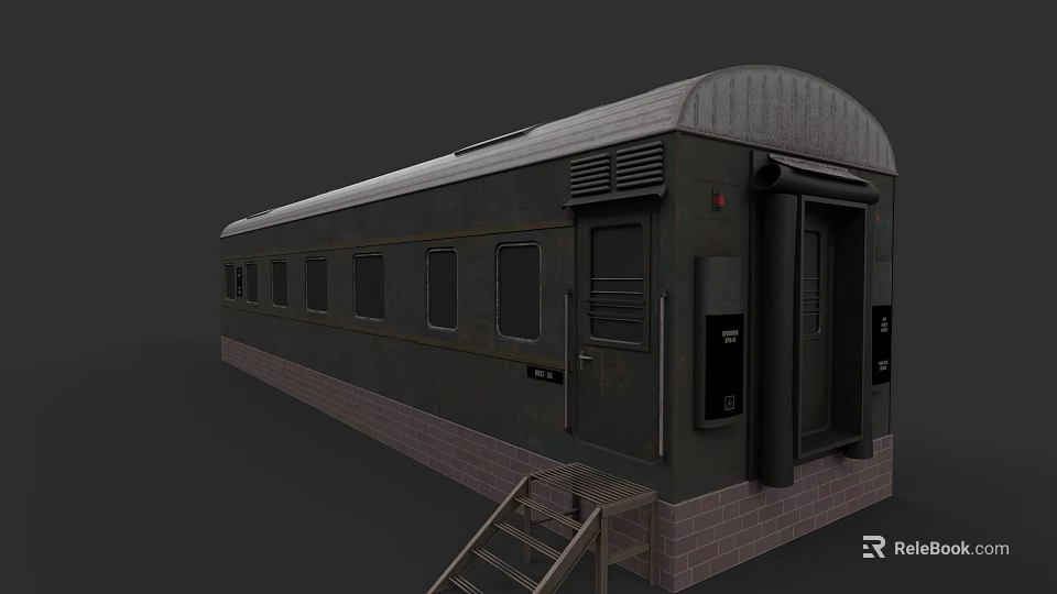 Old Style Dark Green Train Carriage with Multiple Windows Brick Base and Metal Stairs 3d model 