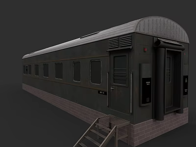 Old Style Dark Green Train Carriage with Multiple Windows Brick Base and Metal Stairs 3d model