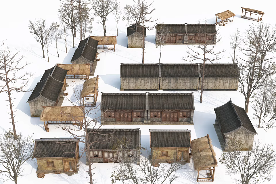 Traditional Village In Snow Featuring Wooden Houses Thatched Roofs And Trees 3d model 