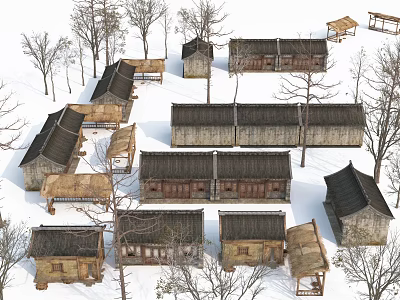 Traditional Village In Snow Featuring Wooden Houses Thatched Roofs And Trees 3d model