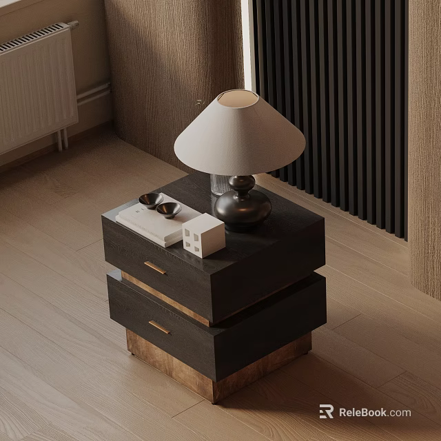 Dark Wood Bedside Table With Drawers Lamp And Small Items On Light Floor 3d model 