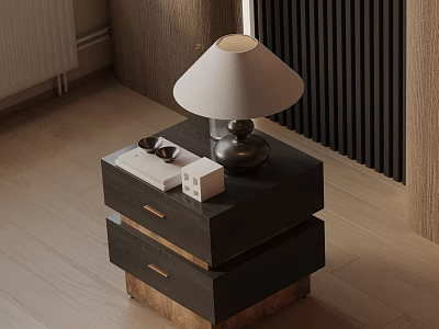 Dark Wood Bedside Table With Drawers Lamp And Small Items On Light Floor 3d model