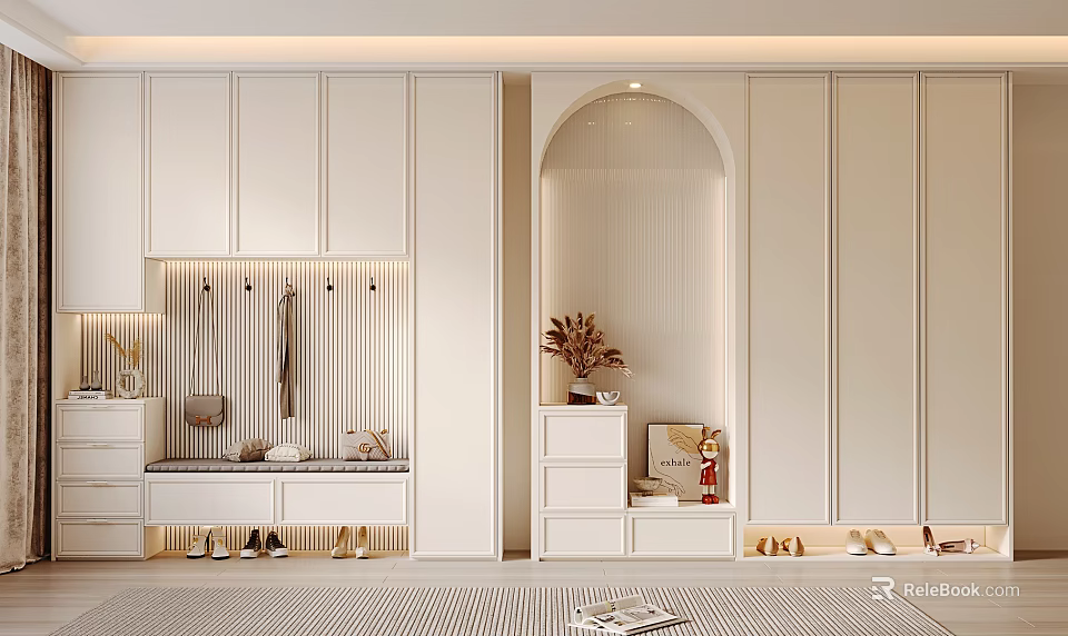 Modern Minimalist White Shoe Cabinet With Hooks Drawers Open Shelves And Plant Decoration 3d model 