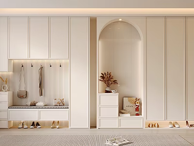 Modern Minimalist White Shoe Cabinet With Hooks Drawers Open Shelves And Plant Decoration 3d model
