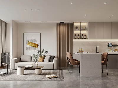 Modern Living Dining Area Interior Design With Sofa Dining Table Cabinets And Decorative Lighting 3d model