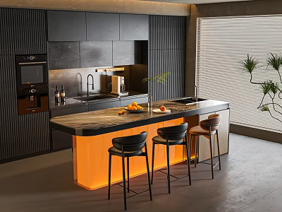 Modern Kitchen Bar with Marble Countertop Black Cabinets Orange Lighting and Three Bar Stools 3d model