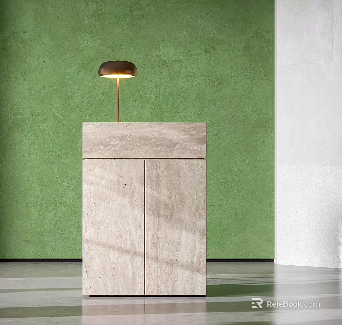 Beige Stone Podium With Lamp On Top Against Green Wall Background 3d model