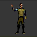 Man In Futuristic Yellow And Blue Outfit With Knee Pads Raising Hand Against Gray Background