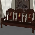 Chinese Style Wooden Two Seater Sofa With Carved Design And Red White Inlaid Backrest